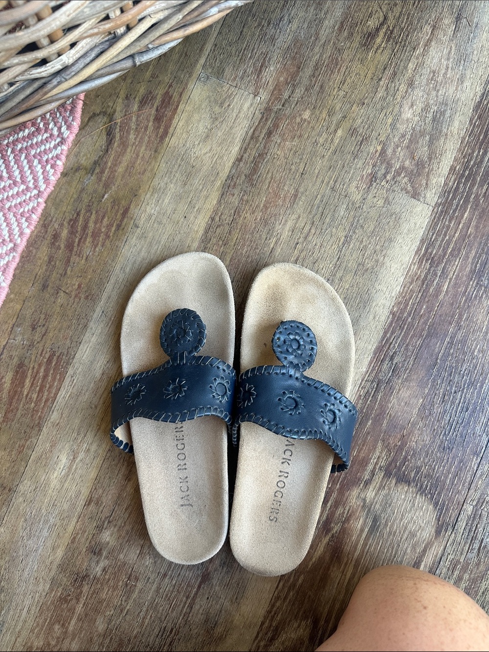 Jack Rogers Black Leather Slide Sandals with Medallion Toe